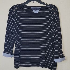 Tommy Hilfiger 3/4 Sleeve Cotton Striped Top/ Shirt, L, Black/ White, GUC